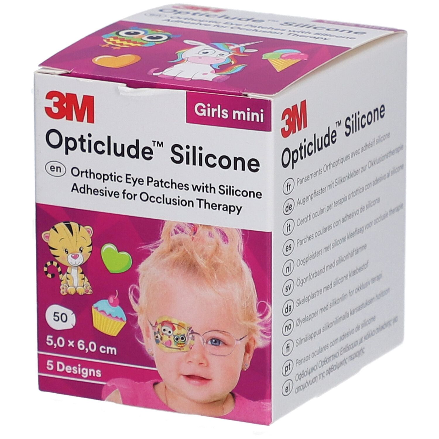 Verpackung von 3M Opticlude Silikon-Augenpflastern. Enthält 50 Pflaster, 5,0 x 6,0 cm, 5 Designs. Mädchen-Mini-Ausführung.
