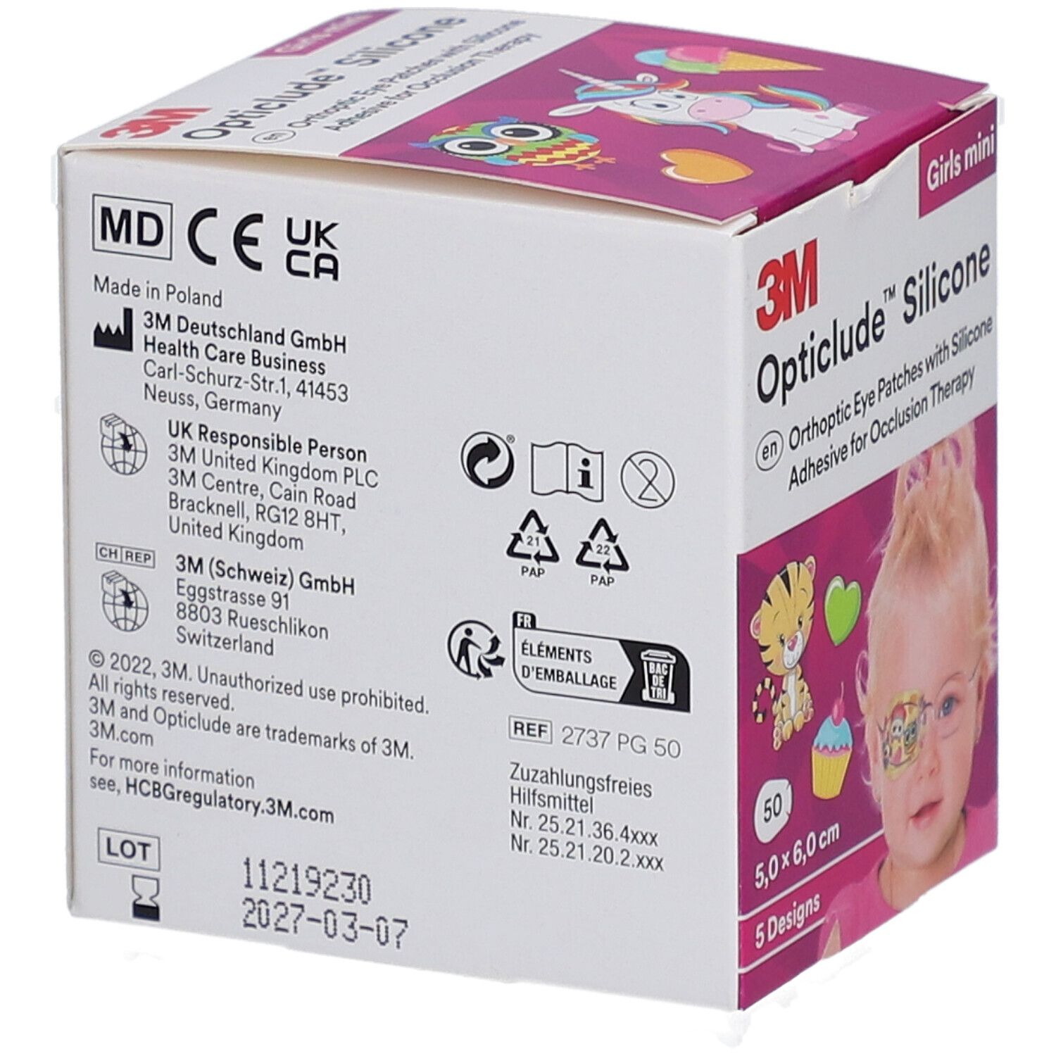 Rückseite der Verpackung von 3M Opticlude Silikon-Augenpflastern. Enthält Informationen zu Hersteller und Zertifizierungen.