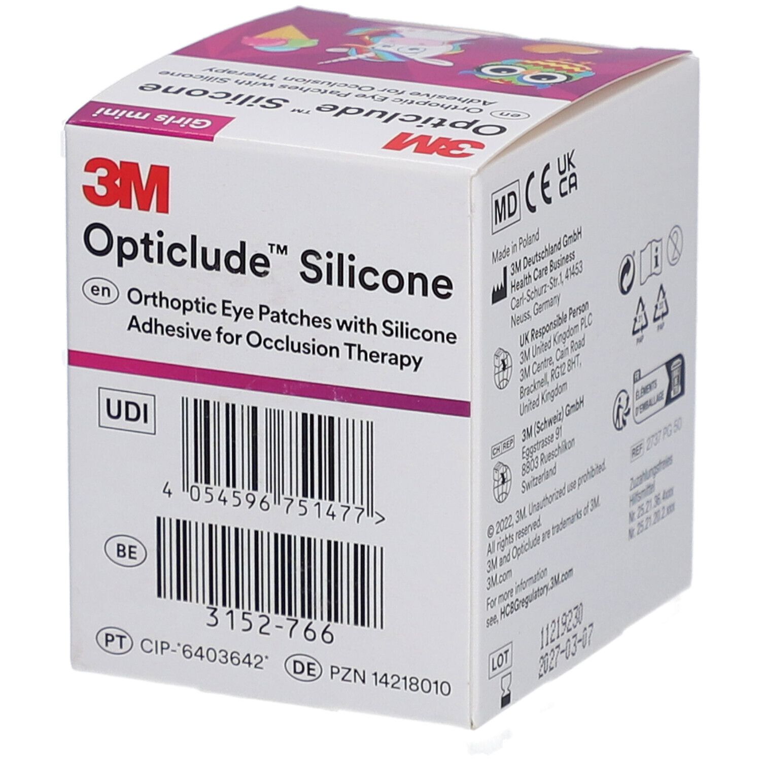 Verpackung von 3M Opticlude Silikon-Augenpflastern. UDI-Code und Informationen zur Herstellung.