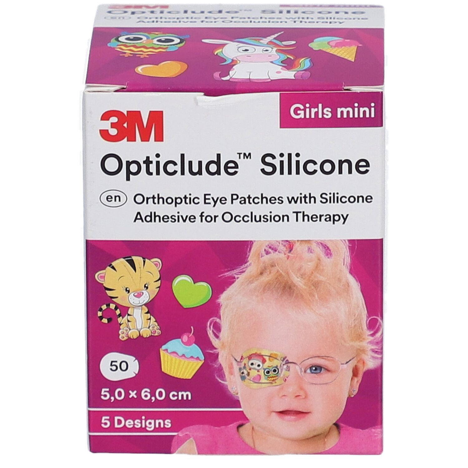 Verpackung von 3M Opticlude Silikon-Augenpflastern. Mädchen-Mini-Ausführung mit Produktabbildung.