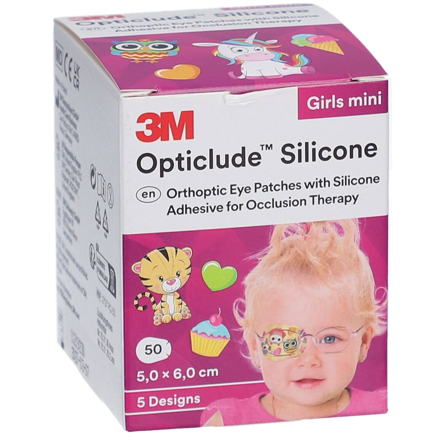 Verpackung von 3M Opticlude Silikon-Augenpflastern. Mädchen-Mini-Ausführung mit Produktabbildung.