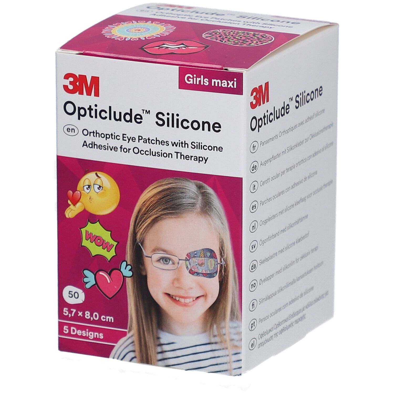 Verpackung von 3M Opticlude Silikon-Augenpflastern. Enthält 50 Pflaster, 5 Designs, 5,7 x 8,0 cm. Mädchen-Maxi-Version.