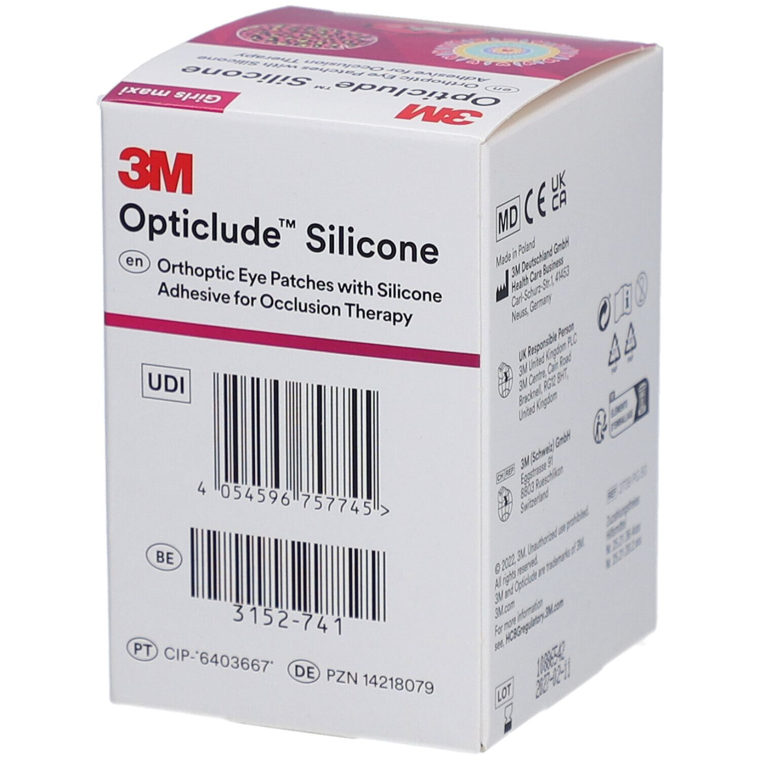 Verpackung von 3M Opticlude Silikon-Augenpflastern. Barcode und Produktinformationen.