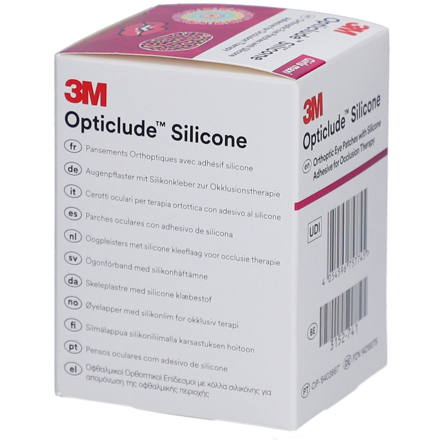 Verpackung von 3M Opticlude Silikon-Augenpflastern. Mehrsprachige Produktbeschreibungen.