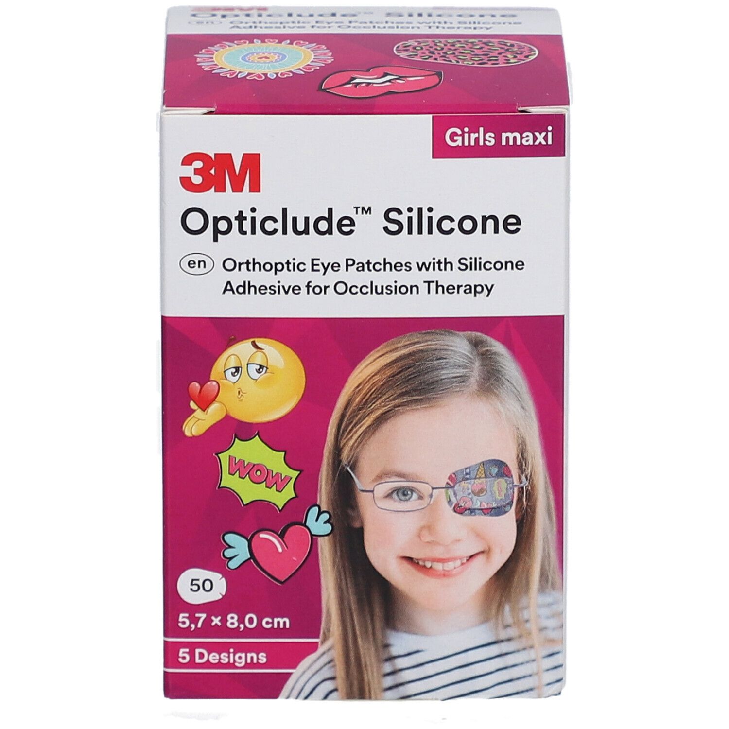 Verpackung von 3M Opticlude Silikon-Augenpflastern. Mädchen-Maxi-Version. 50 Pflaster, 5 Designs, 5,7 x 8,0 cm.