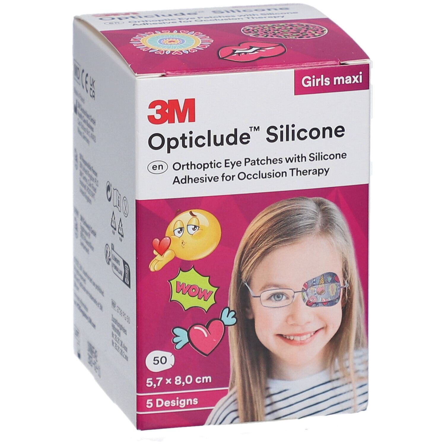 Verpackung von 3M Opticlude Silikon-Augenpflastern. Mädchen-Maxi-Version. 50 Pflaster, 5 Designs, 5,7 x 8,0 cm.