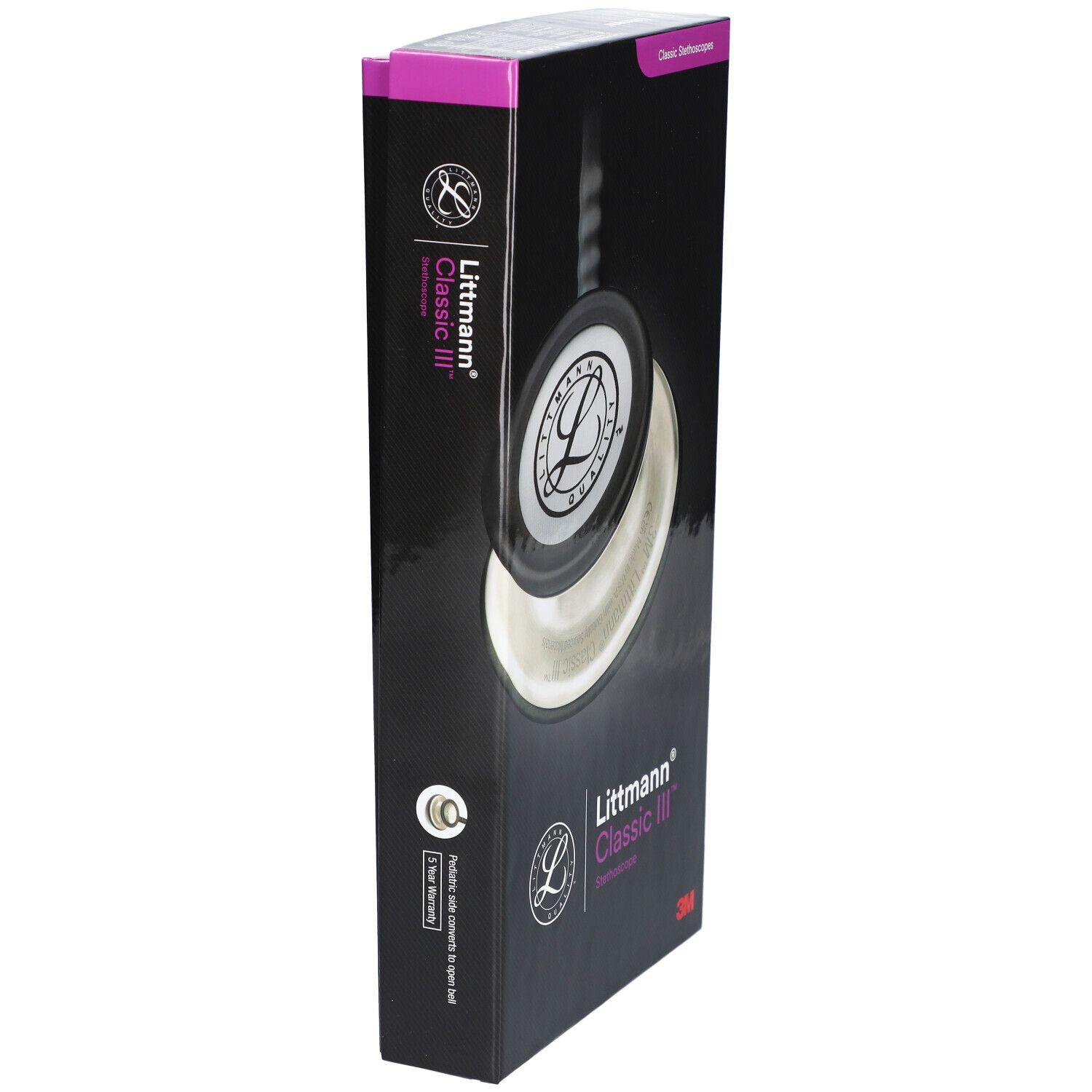 Seitenansicht der Littmann Classic III Stethoskop-Verpackung. Schwarze Box mit Produktlogo und Text. 3M Logo.