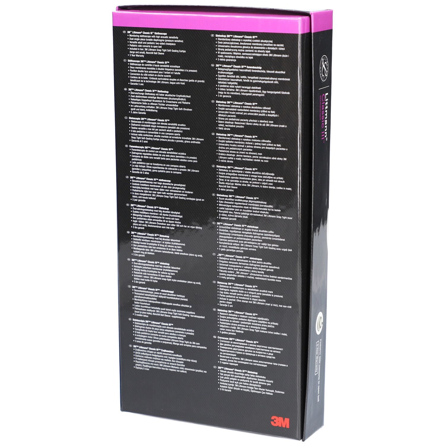 Rückseite der Littmann Classic III Stethoskop-Verpackung. Text in mehreren Sprachen. 3M Logo.