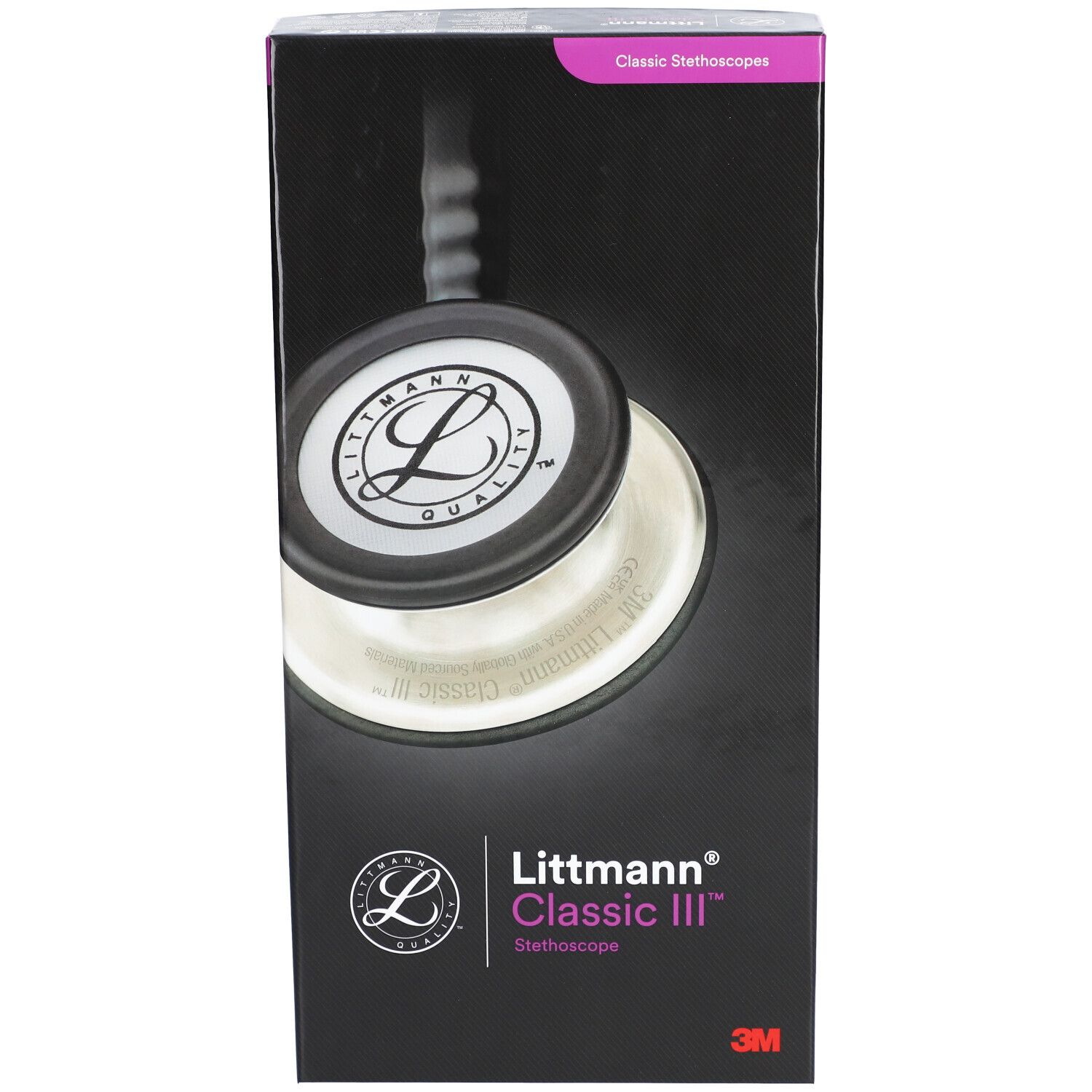 Verpackung eines Littmann Classic III Stethoskops. Schwarze Box mit Produktabbildung und Logo. 3M Logo.