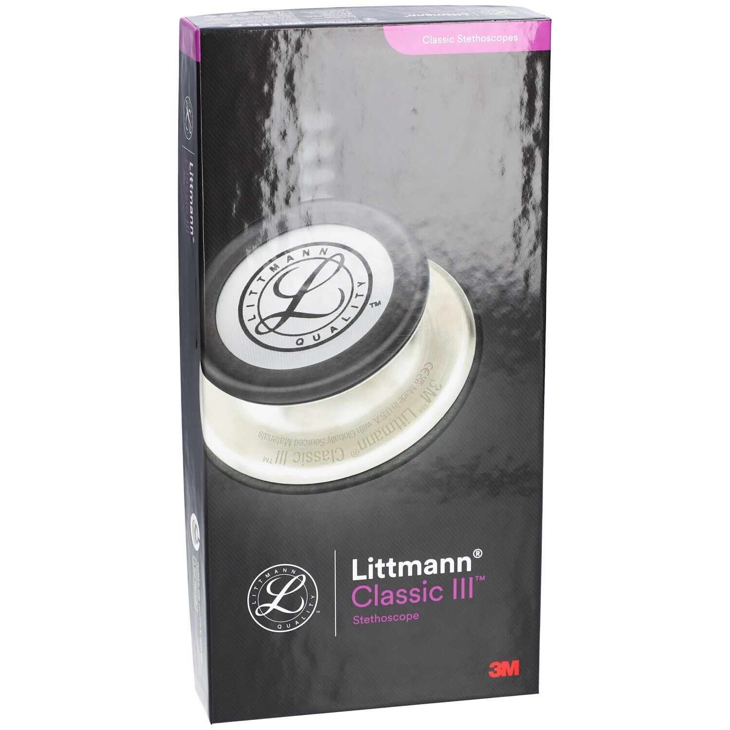 Verpackung eines Littmann Classic III Stethoskops. Schwarze Box mit Produktabbildung und Logo. 3M Logo.
