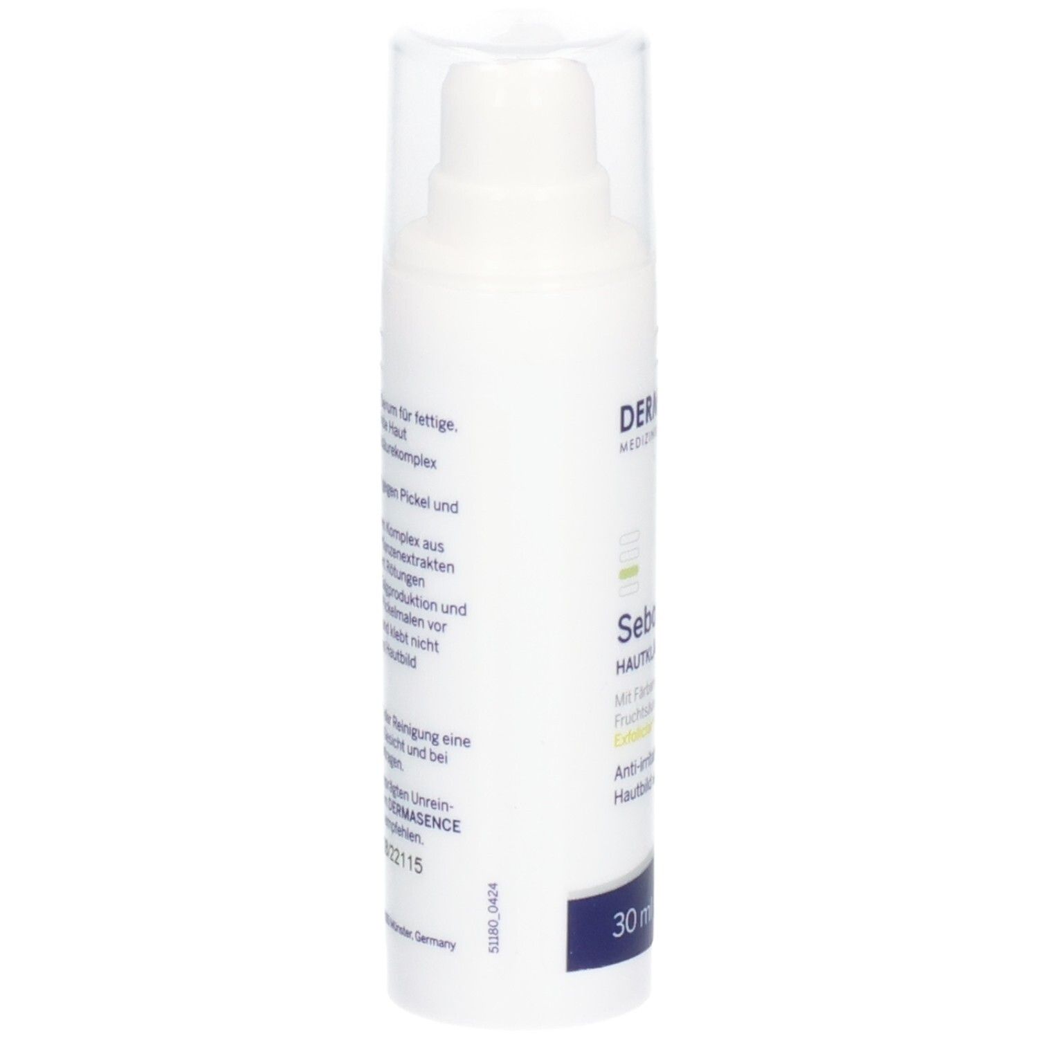 Weiße Flasche mit Dosierpumpe. Aufdruck: DERMASENCE, Seborra Hautklärendes Serum. Text auf der Seite.