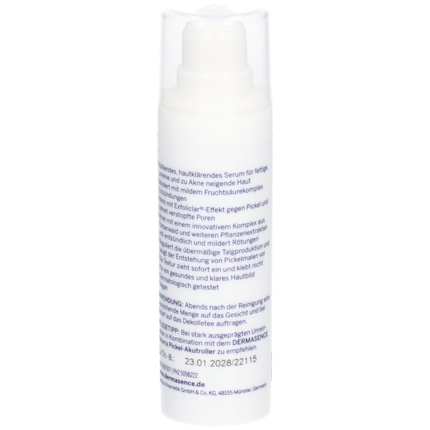 Weiße Flasche mit Dosierpumpe. Text auf der Seite. Aufdruck: DERMASENCE, Seborra Hautklärendes Serum.