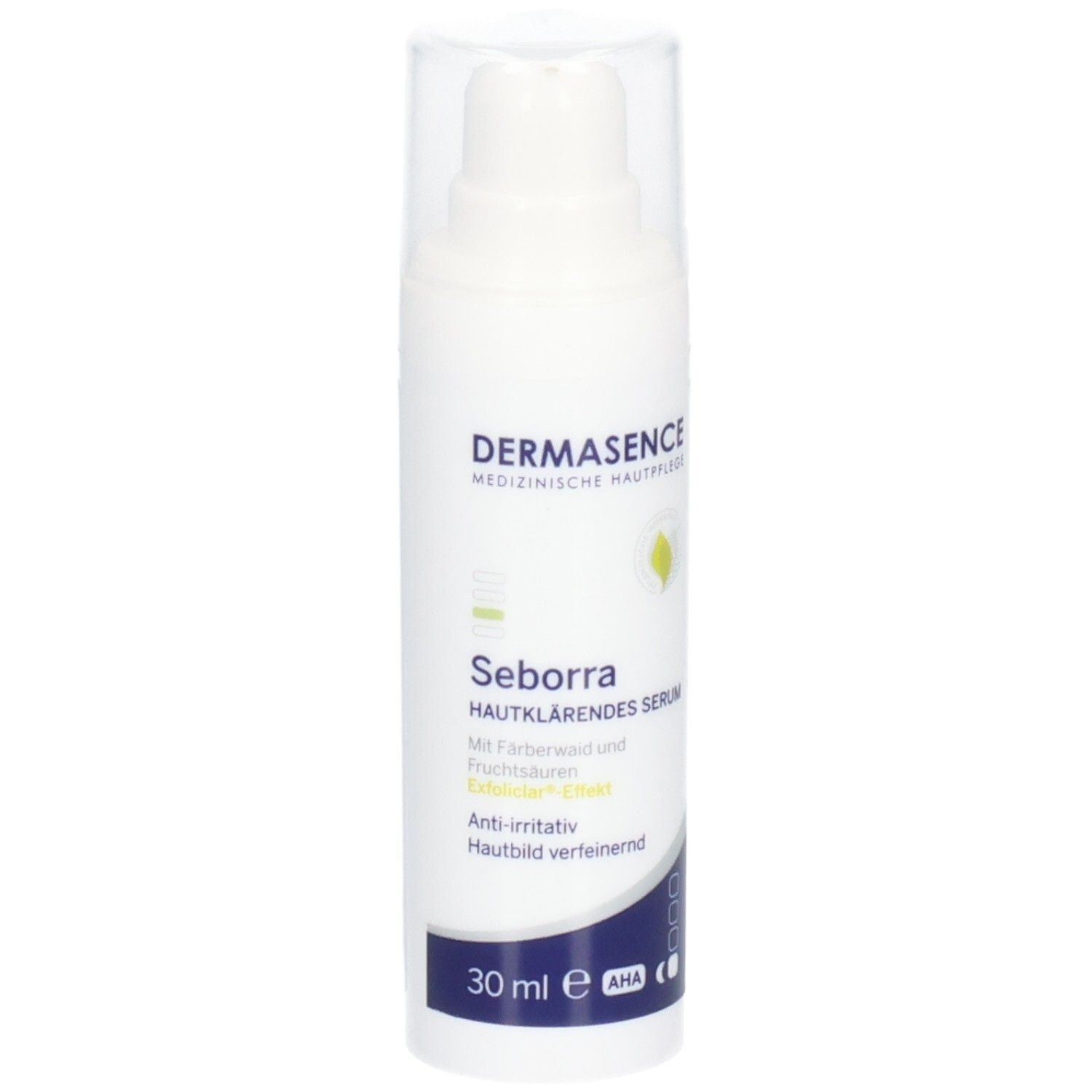 Weiße Flasche mit Dosierpumpe. Aufdruck: DERMASENCE, Seborra Hautklärendes Serum. 30 ml, AHA-Symbol.