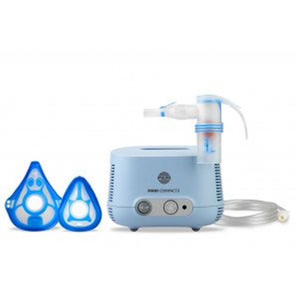 Inhalationsgerät mit zwei Masken. Blaues Gerät mit Schlauch und Mundstück. Masken mit Öffnungen.