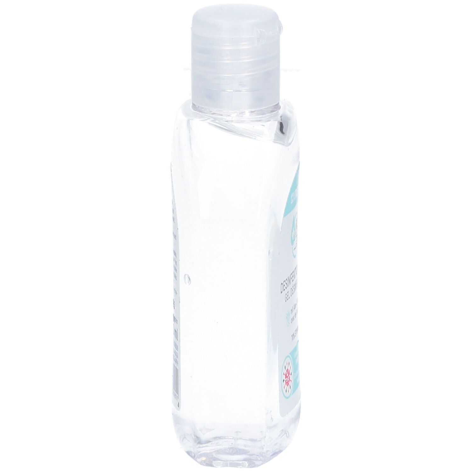 Flacon transparent avec bouchon rabattable. Vue latérale. Étiquette avec texte. Nom du produit non visible.
