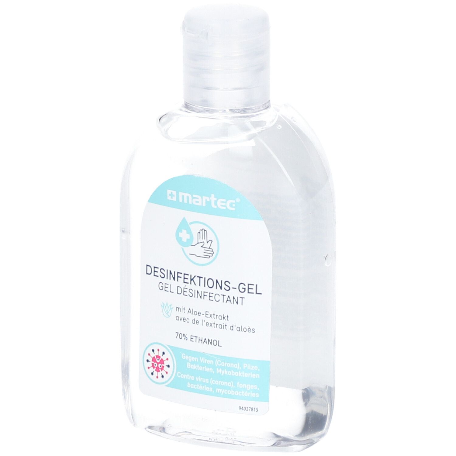 Flacon transparent avec bouchon rabattable. Inscription: MARTEC, Gel désinfectant, 70% Ethanol. Avec extrait d'aloe.