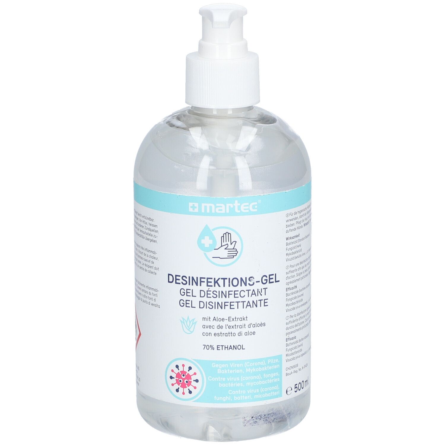 Transparente Flasche mit Dosierpumpe. Aufschrift: Desinfektions-Gel, 70% Ethanol, mit Aloe Vera-Extrakt. Marke: martec.