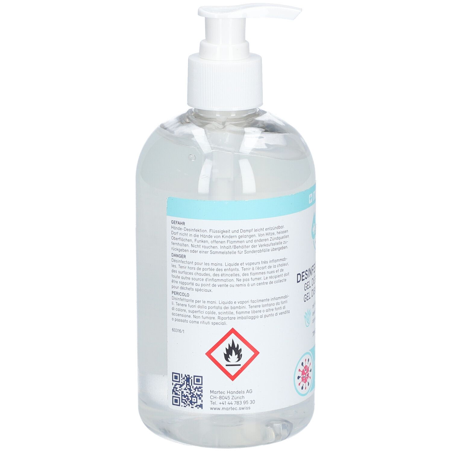 Rückseite einer transparenten Flasche mit Dosierpumpe. Text und Piktogramme. QR-Code und Warnhinweis. Marke: martec.
