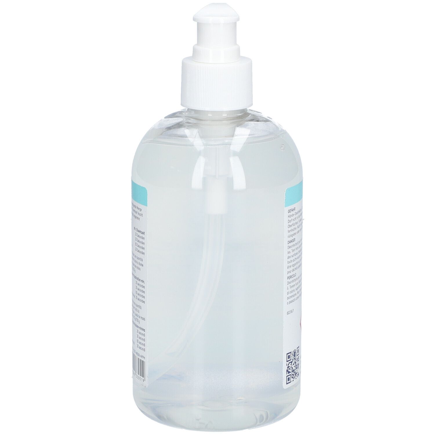 Transparente Flasche mit Dosierpumpe. Rückansicht. Schlauch sichtbar. Keine weiteren Details.