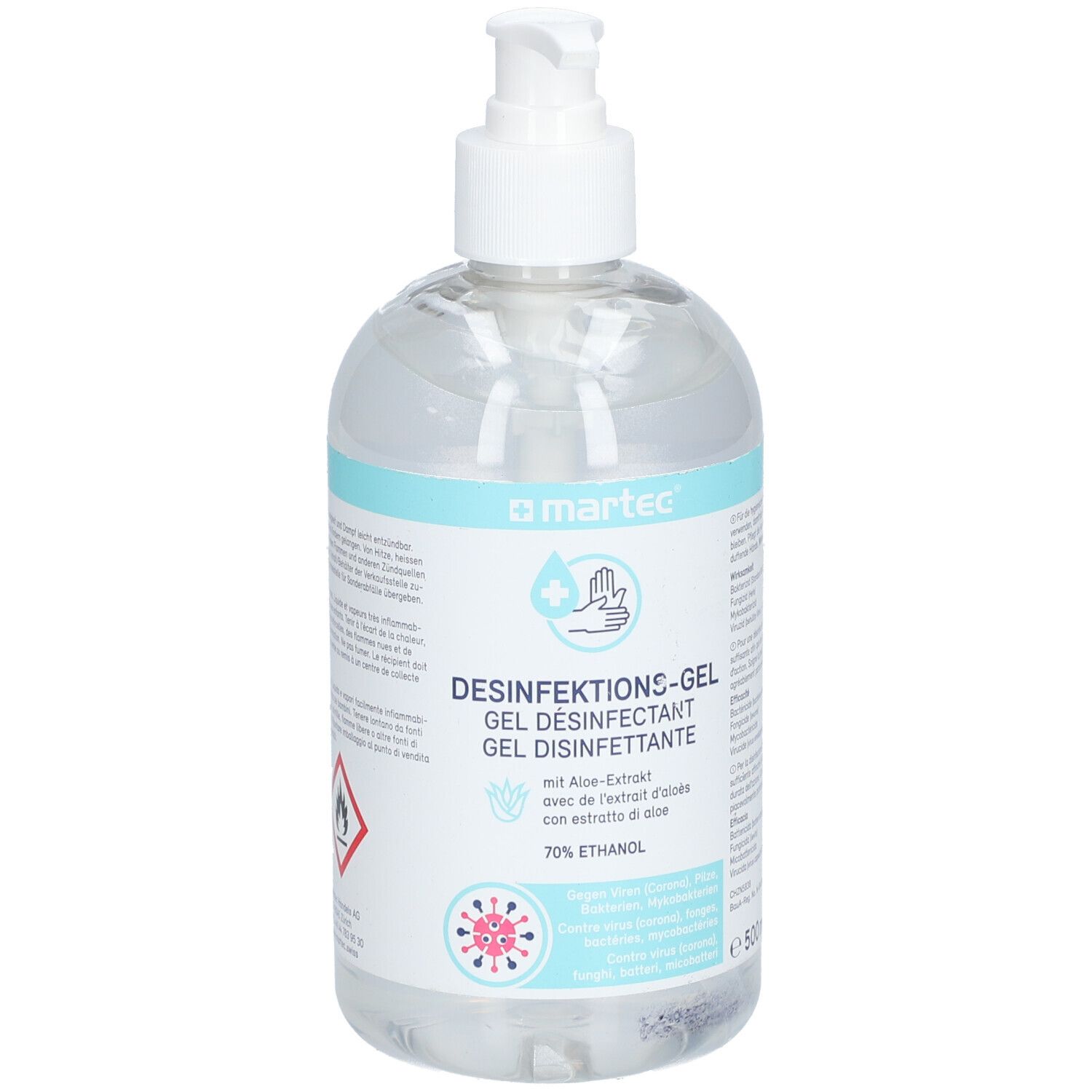 Transparente Flasche mit Dosierpumpe. Aufschrift: Desinfektions-Gel, 70% Ethanol, mit Aloe Vera-Extrakt. Marke: martec.