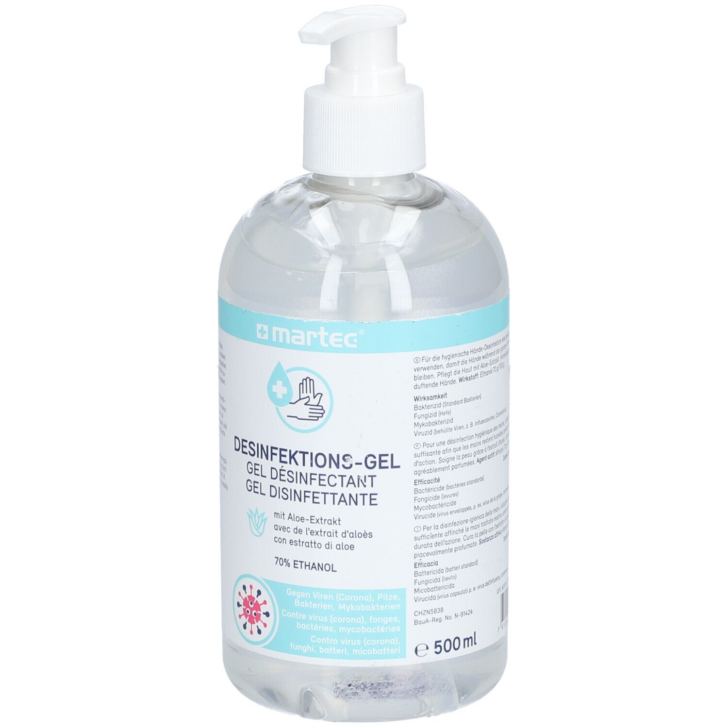 Transparente Flasche mit Dosierpumpe. Aufschrift: Desinfektions-Gel, 70% Ethanol, mit Aloe Vera-Extrakt. Marke: martec.