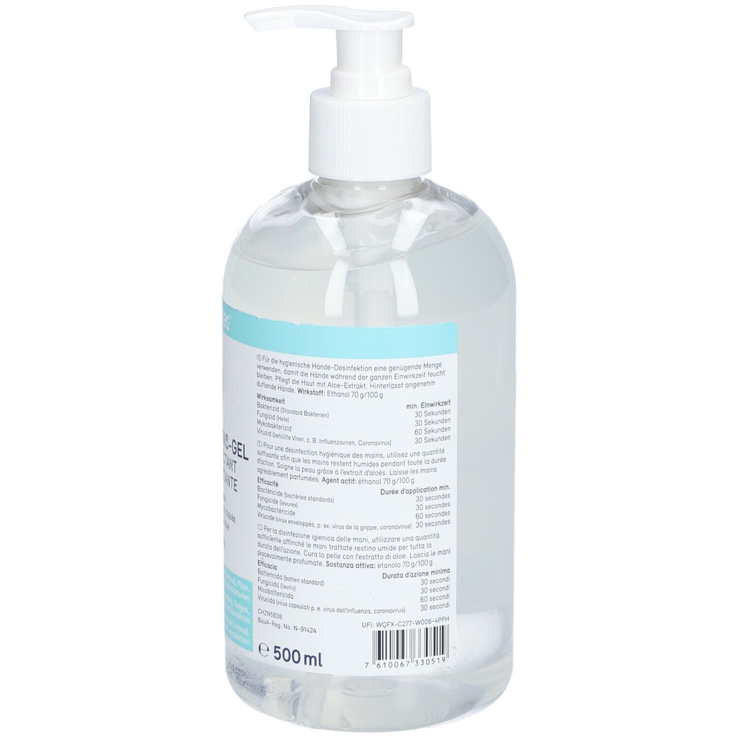 Rückseite einer transparenten Flasche mit Dosierpumpe. Text und Piktogramme. Volumen: 500 ml. Marke: martec.