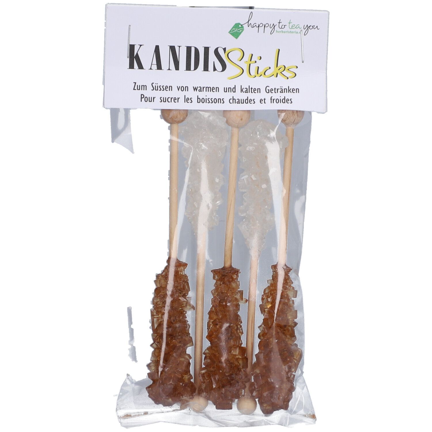 HERBORISTERIA® Kandisstengel Midi. Quatre bâtonnets de sucre candi bruns dans un emballage plastique. Inscription: KANDIS Sticks.