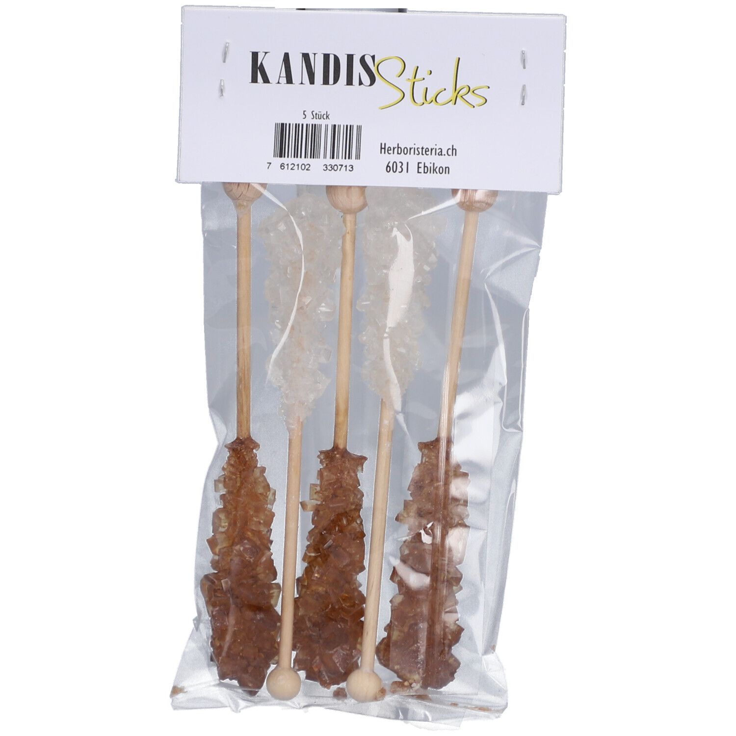 HERBORISTERIA® Kandisstengel Midi. Cinq bâtonnets de sucre candi dans un emballage plastique. Inscription: KANDIS Sticks, 5 pièces.