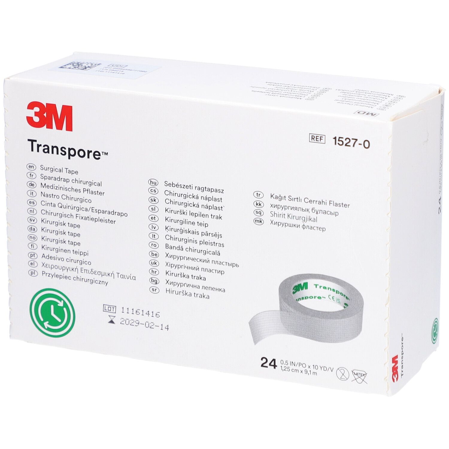 Boîte de ruban chirurgical 3M Transpore. Nom et logo visibles. Rouleau de ruban adhésif représenté.