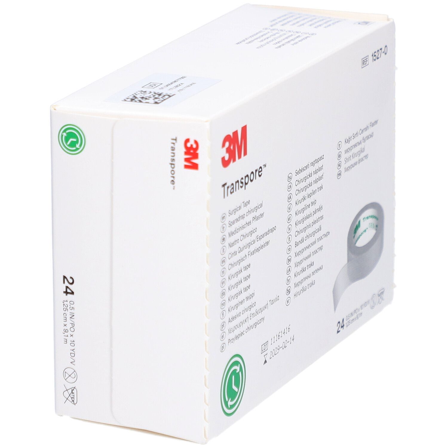 Ruban chirurgical 3M Transpore. Emballage blanc avec logo et nom du produit. Rouleau de ruban adhésif représenté.