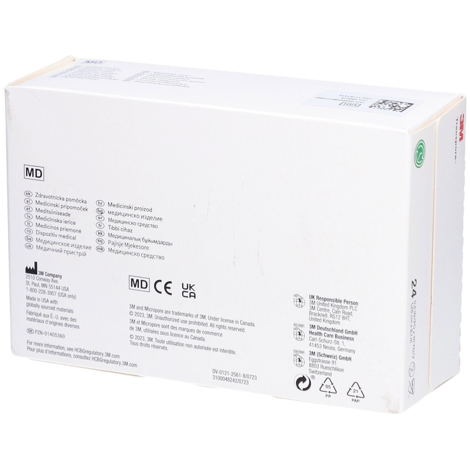 Dos de l'emballage du ruban chirurgical 3M Transpore. Informations et logos, dont le marquage CE.
