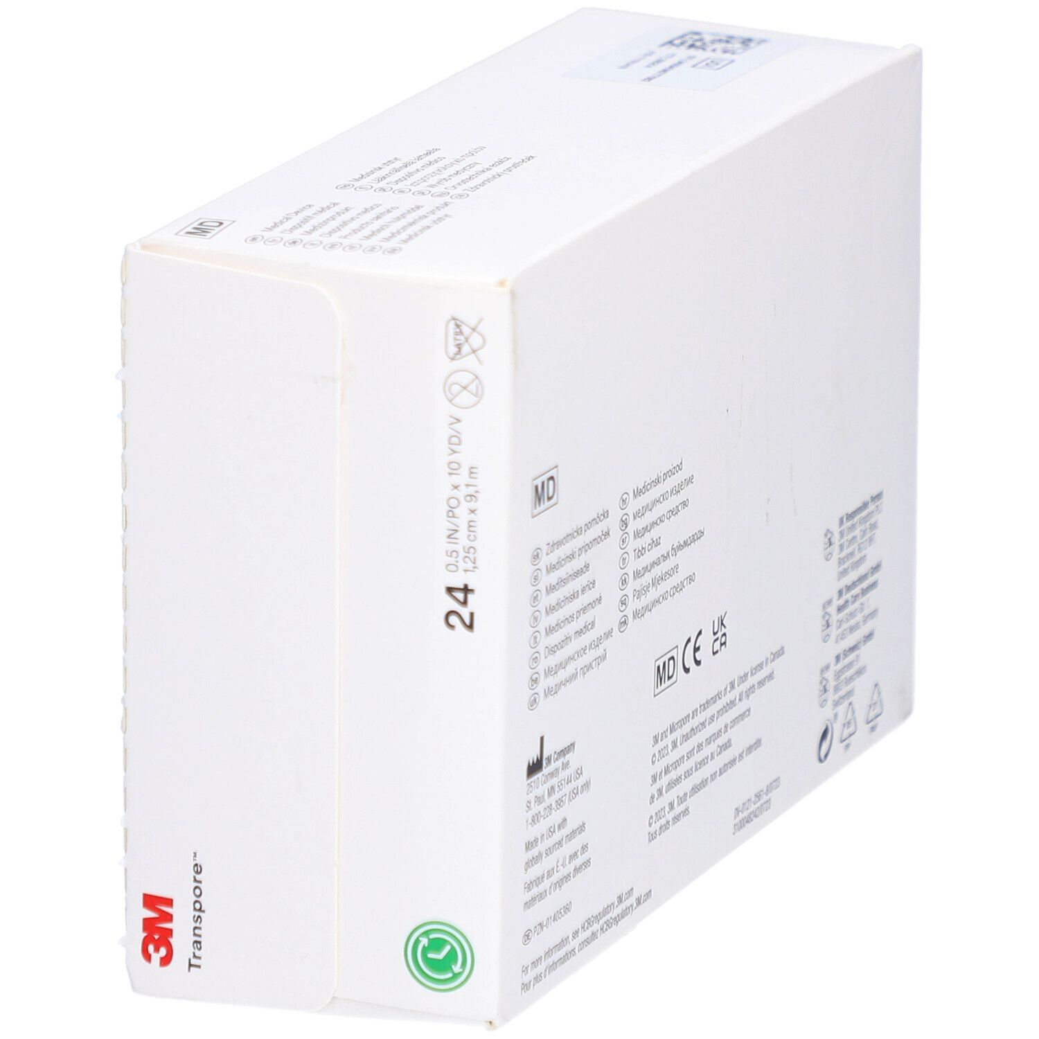 Ruban chirurgical 3M Transpore. Emballage blanc avec logo et informations produit. Marquage MD.