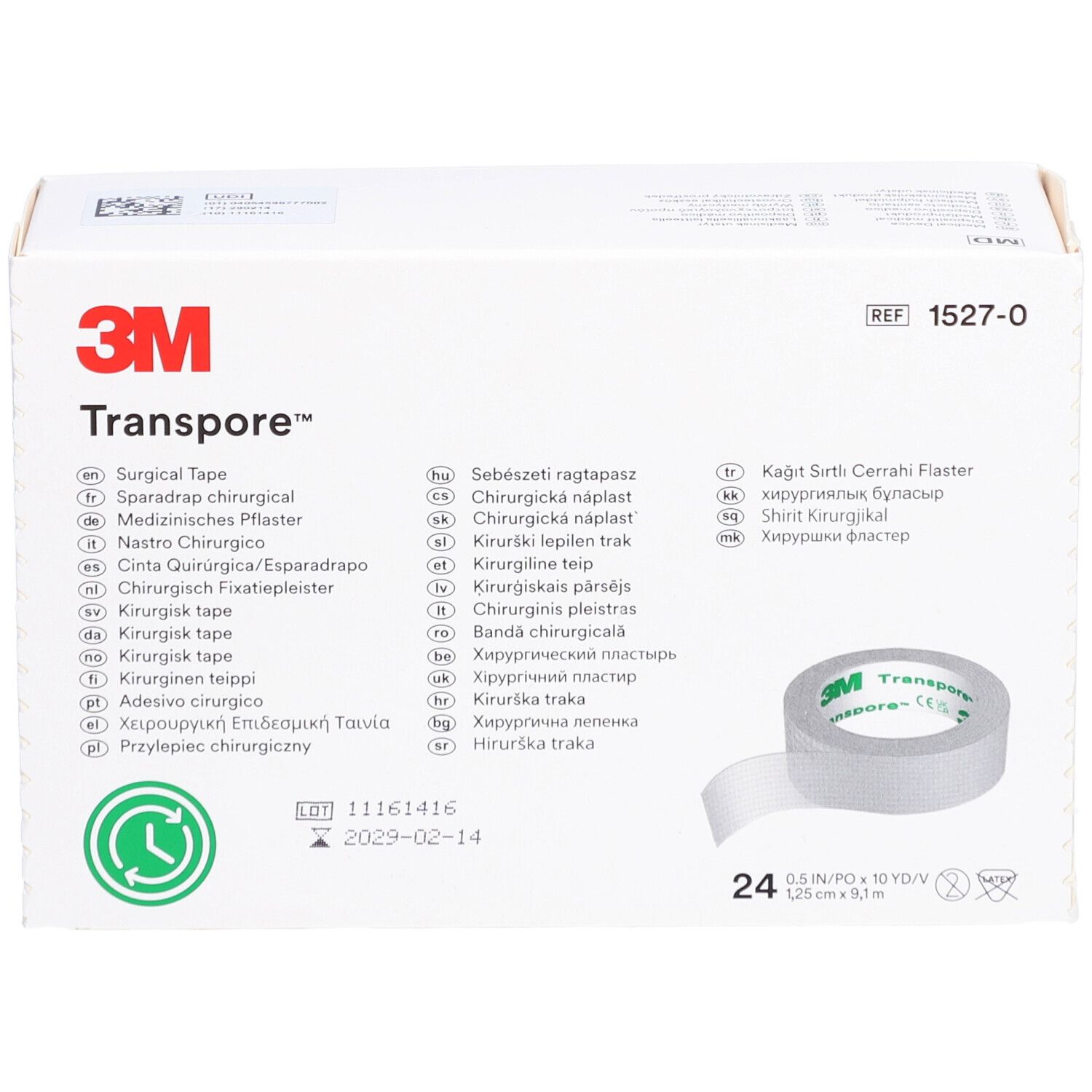 Ruban chirurgical 3M Transpore. Emballage blanc avec logo et informations produit. Rouleau de ruban adhésif représenté.