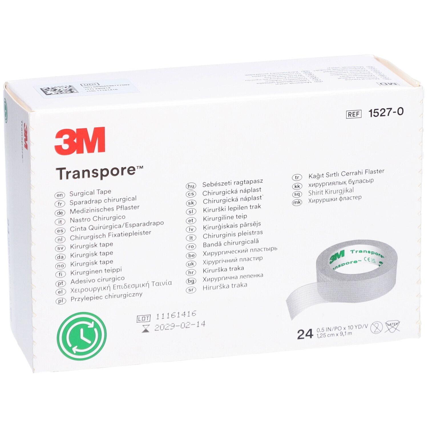 Ruban chirurgical 3M Transpore. Emballage blanc avec logo et informations produit. Rouleau de ruban adhésif représenté.