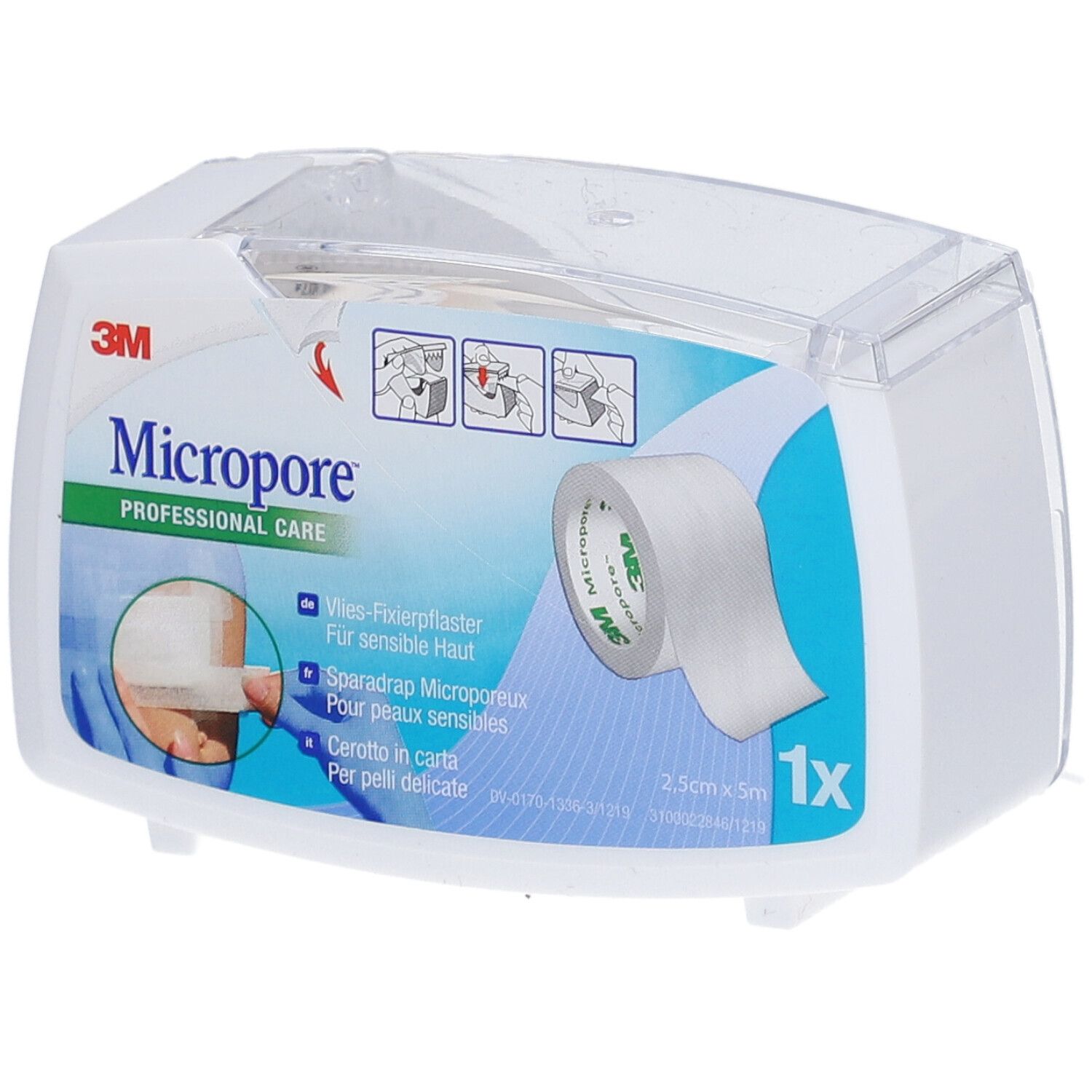 Emballage de pansement 3M Micropore. Contient un rouleau. Inscriptions : 3M, Micropore, 2,5 cm x 5 m, 1x.