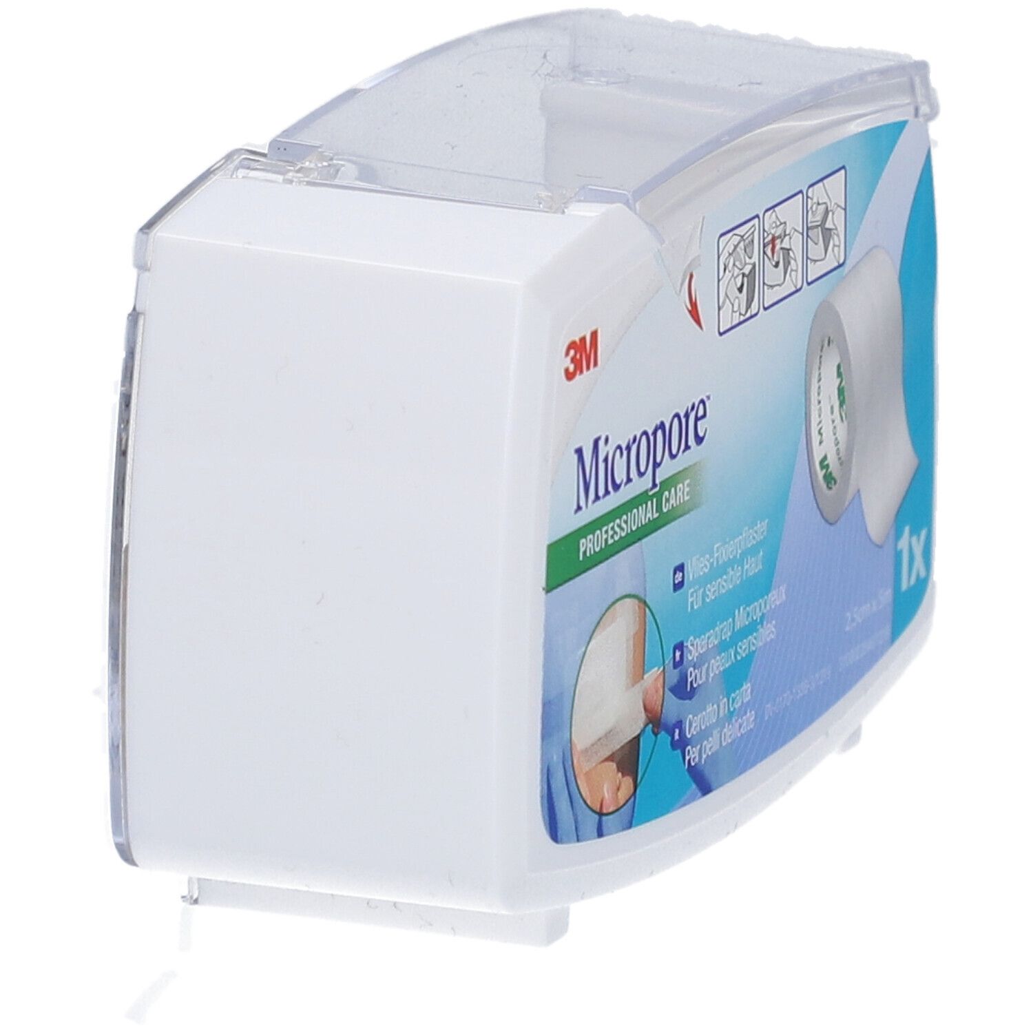 Emballage blanc rectangulaire avec couvercle transparent. Inscription : 3M, Micropore. Contient un rouleau de pansement.