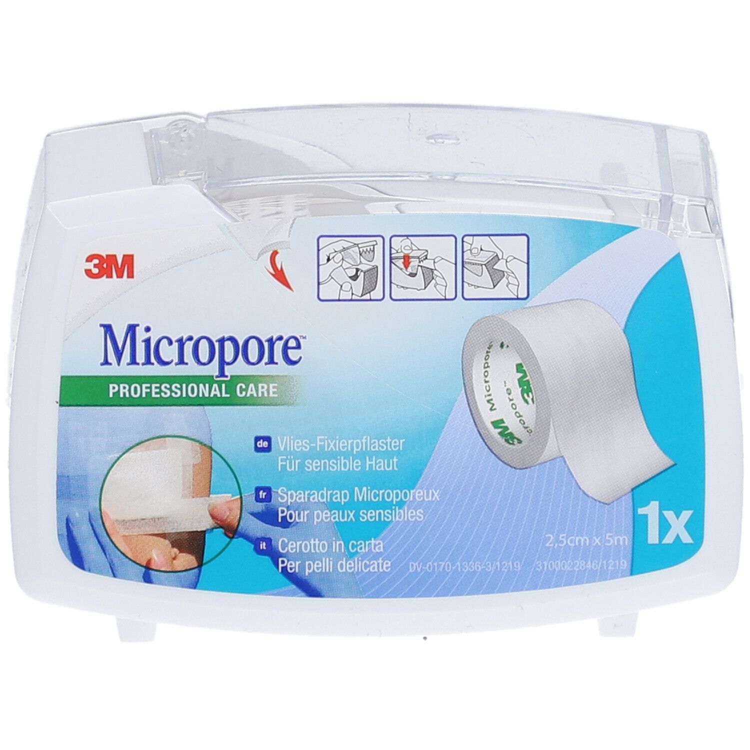 Emballage de pansement 3M Micropore. Contient un rouleau. Inscriptions : 3M, Micropore, 2,5 cm x 5 m, 1x.
