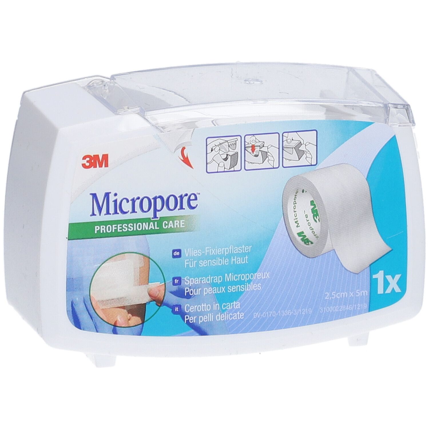 Emballage de pansement 3M Micropore. Contient un rouleau. Inscriptions : 3M, Micropore, 2,5 cm x 5 m, 1x.