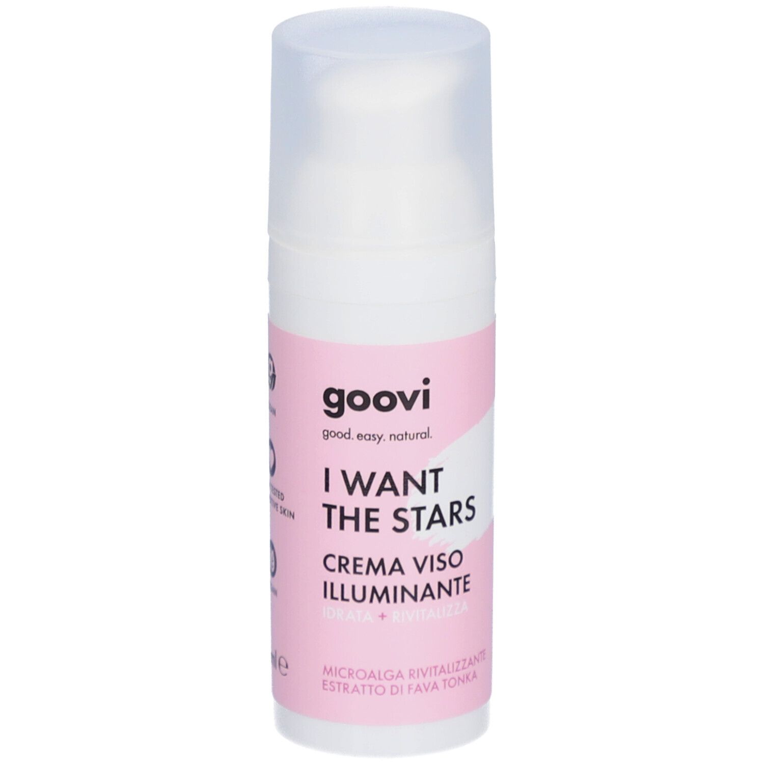 Flacon blanc avec étiquette rose. Inscription : I WANT THE STARS, CREMA VISO ILLUMINANTE. Avec pompe.