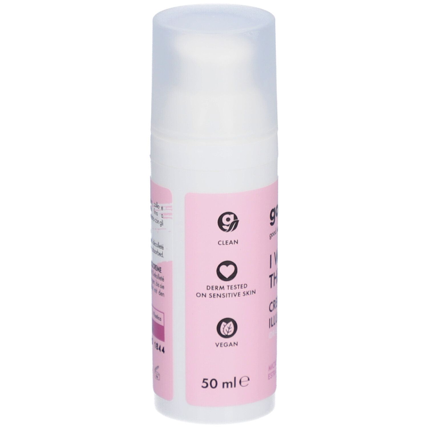 Flacon blanc avec étiquette rose. Inscription : I WANT THE STARS, CREMA VISO ILLUMINANTE. Logo, 9 Clean, Vegan.