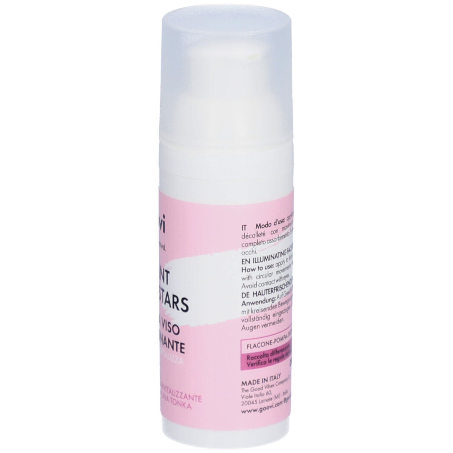 Flacon blanc avec étiquette rose. Inscription : I WANT THE STARS, CREMA VISO ILLUMINANTE. Avec pompe.