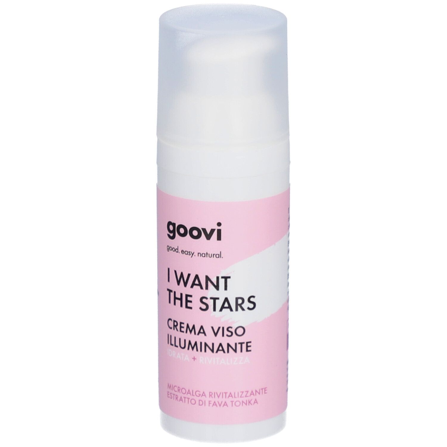 Flacon blanc avec étiquette rose. Inscription : I WANT THE STARS, CREMA VISO ILLUMINANTE. Avec pompe.