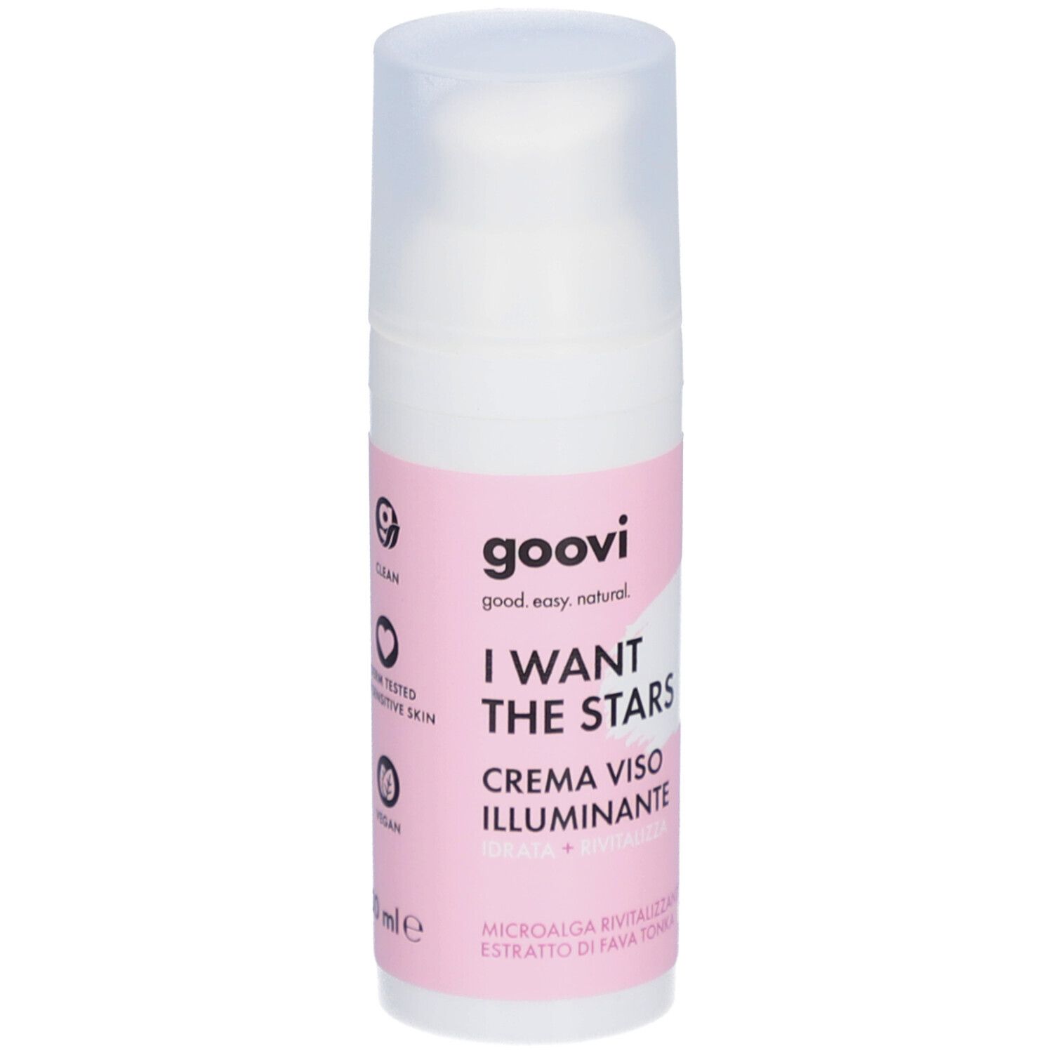 Flacon blanc avec étiquette rose. Inscription : I WANT THE STARS, CREMA VISO ILLUMINANTE. Logo, Vegan.