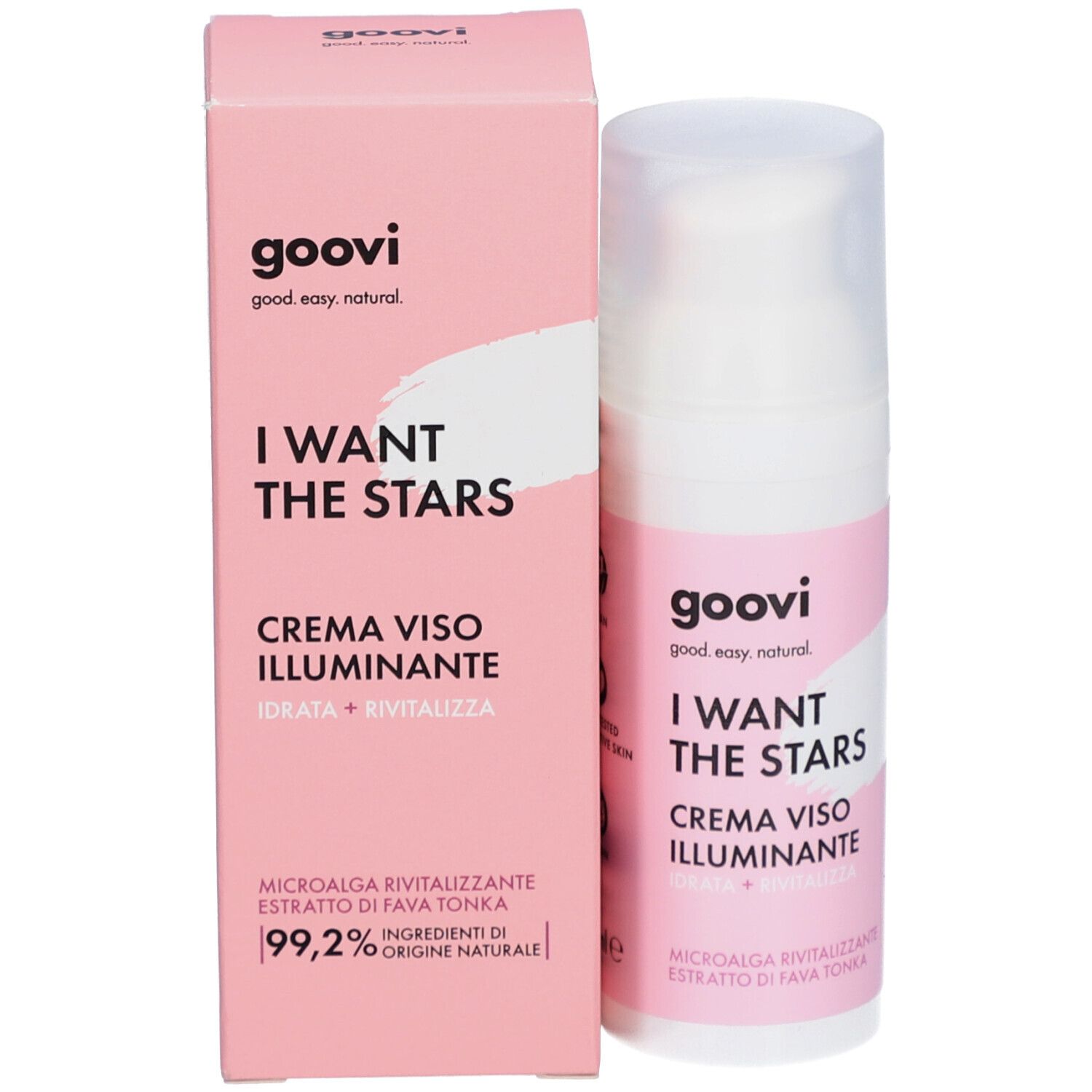 Emballage du produit avec flacon. Boîte rose avec inscription : I WANT THE STARS, CREMA VISO ILLUMINANTE. Flacon à côté.