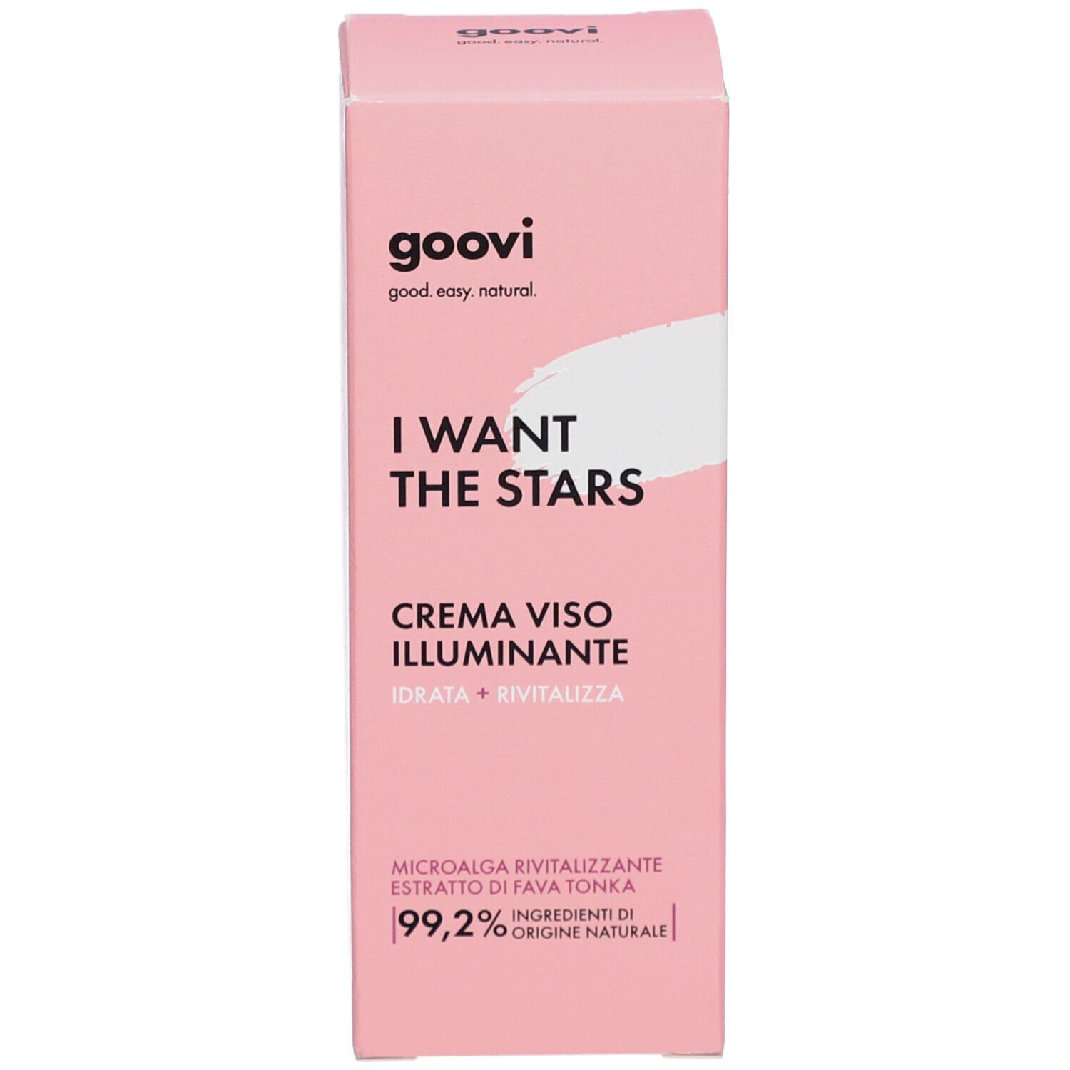 Boîte rose avec inscription : I WANT THE STARS, CREMA VISO ILLUMINANTE. Texte : 99,2% ingrédients d'origine naturelle.