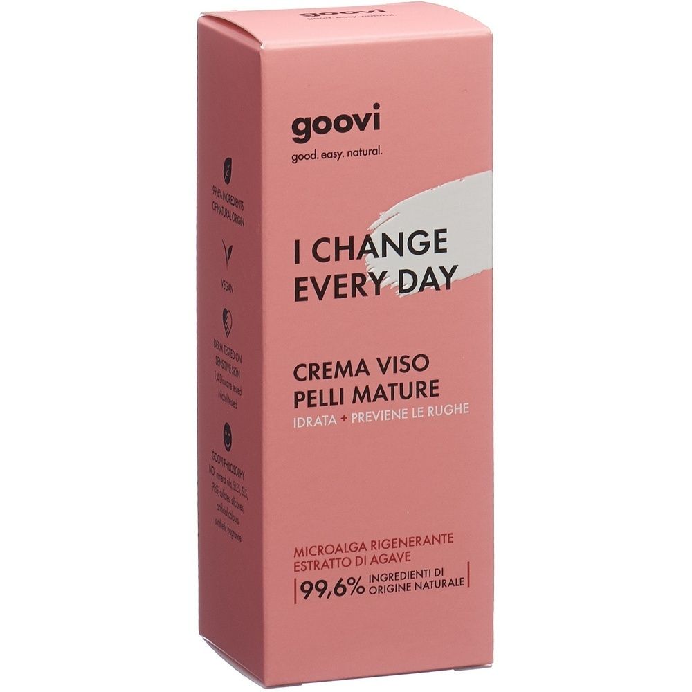 Rosa Verpackung mit Produktnamen GOOVI und Aufschrift I CHANGE EVERY DAY. Text: CREMA VISO PELLI MATURE, 99,6% Inhaltsstoffe natürlichen Ursprungs.