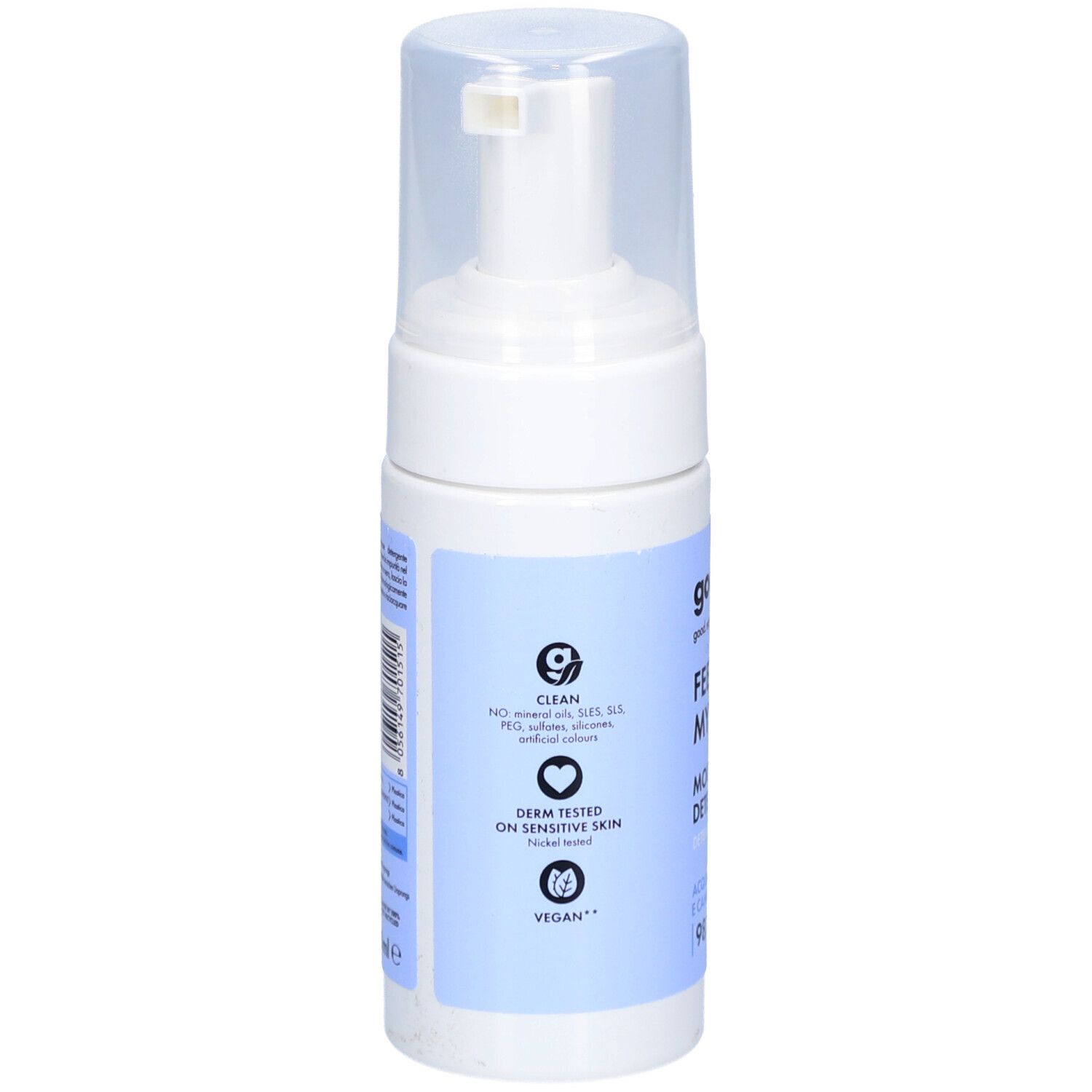 Rückseite des weißen Spenders. Aufschrift: Clean, ohne Mineralöle, SLES, PEG, künstliche Farbstoffe. Dermatologisch getestet. Vegan.