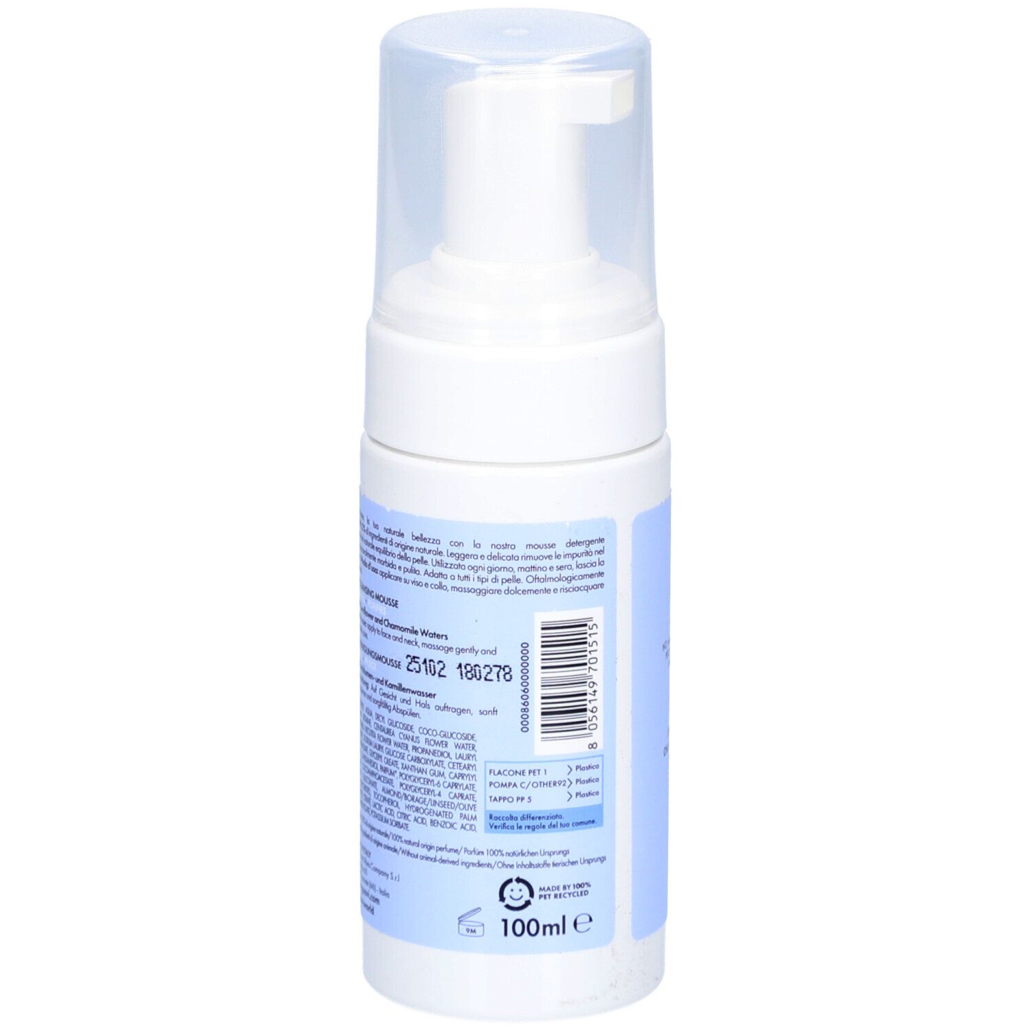 Rückseite des weißen Spenders. Text mit Inhaltsstoffen und Herstellerinformationen. Barcode und 100ml-Angabe.