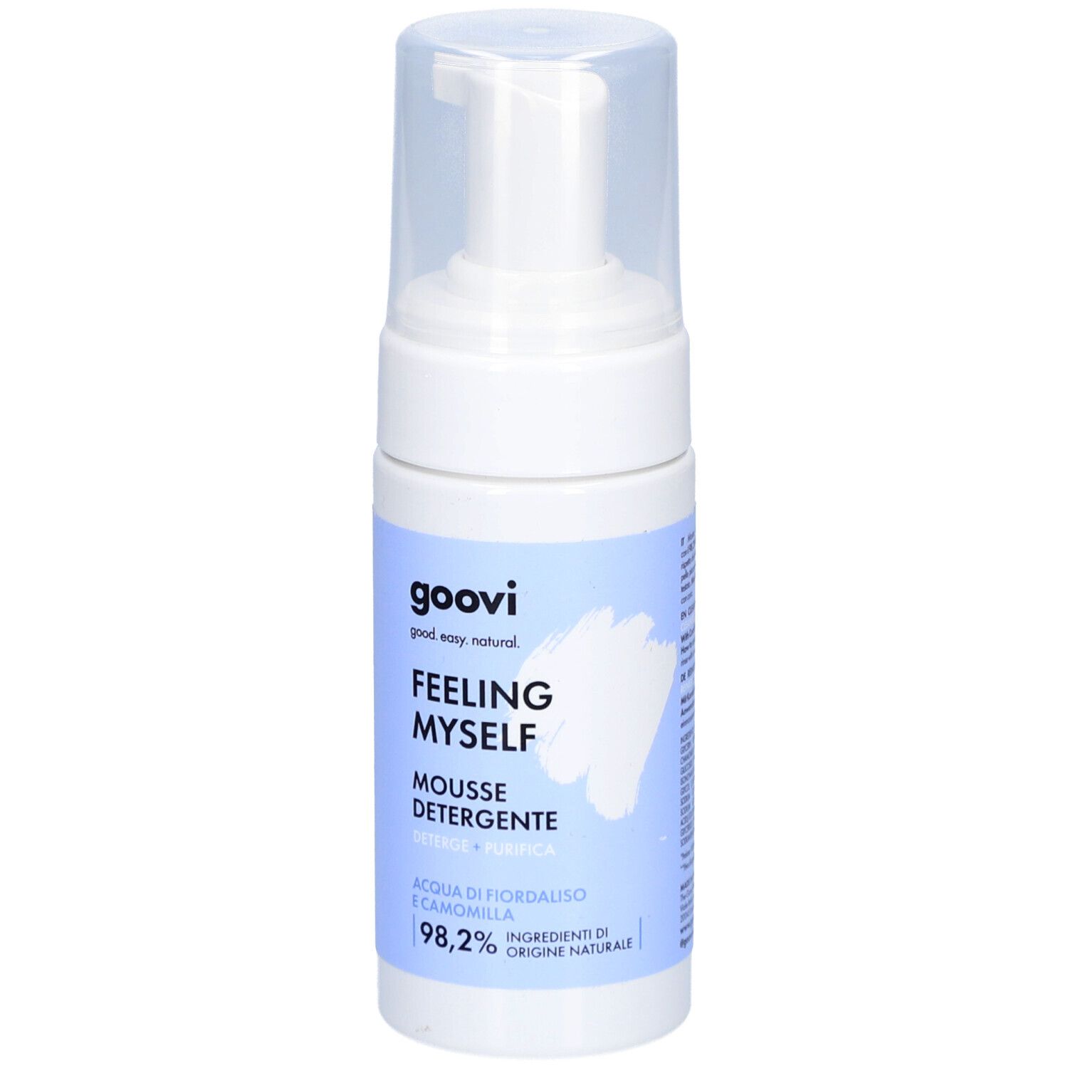 Weißer Spender mit Sprühkopf. Aufschrift: Goovi, Feeling Myself, Mousse Detergente. Mit Kornblume und Kamille. 98,2% Inhaltsstoffe natürlichen Ursprungs.