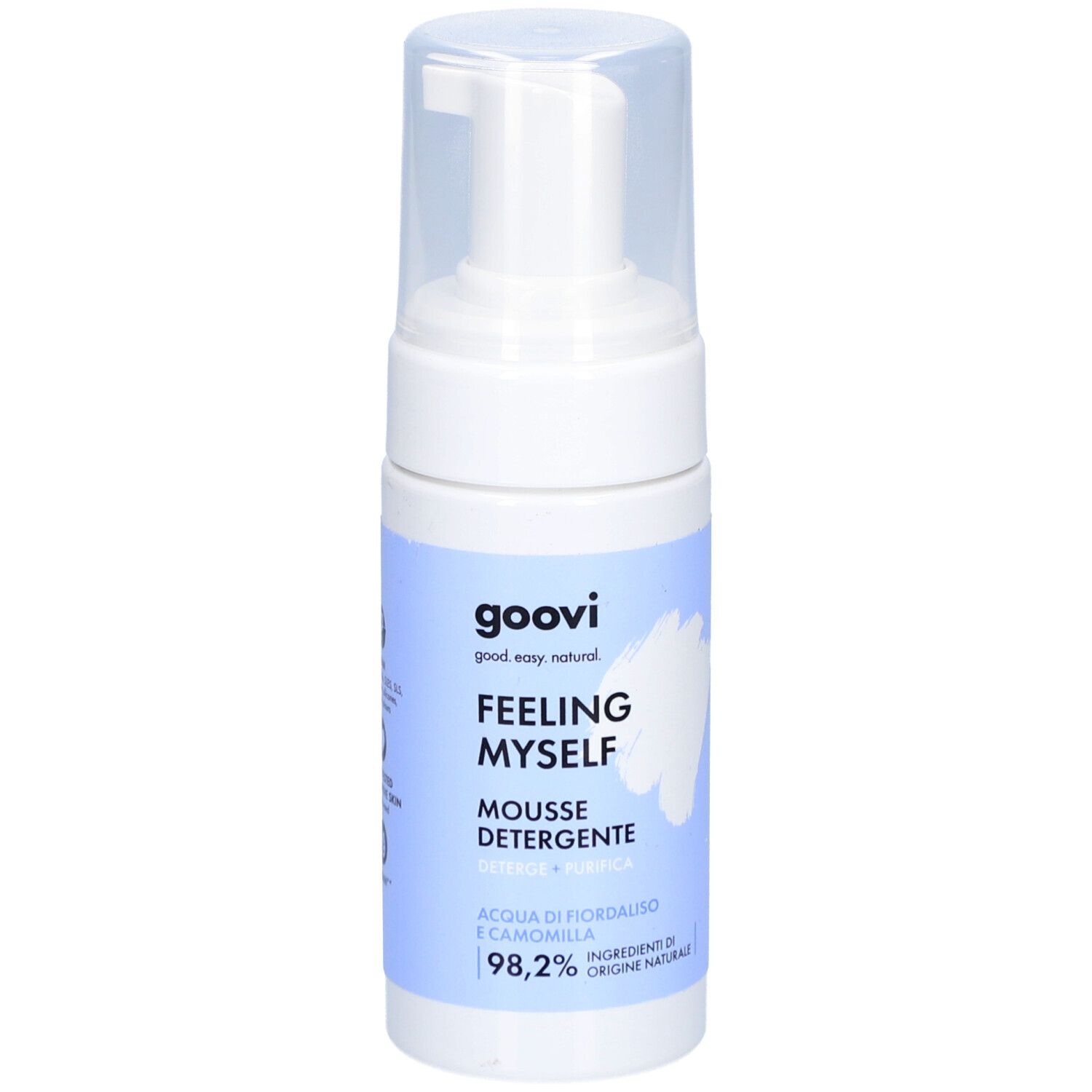 Weißer Spender mit Sprühkopf. Aufschrift: Goovi, Feeling Myself, Mousse Detergente. Mit Kornblume und Kamille. 98,2% Inhaltsstoffe natürlichen Ursprungs.